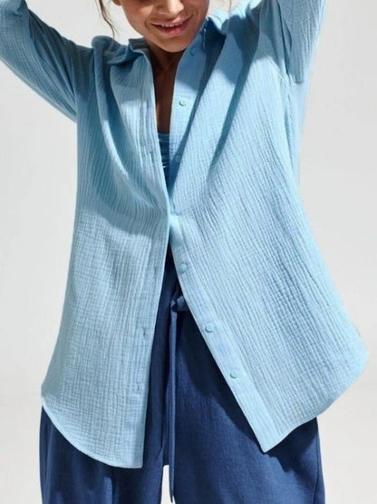 Button Up Long Sleeve Texture Shirt Blue