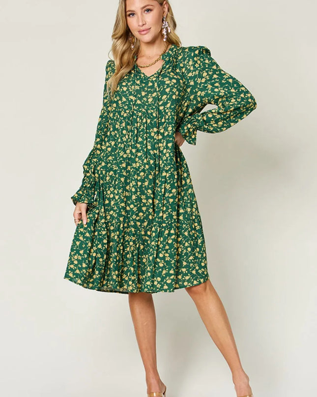 Double Take Full Size Printed Ruffle Hem Long Sleeve Tiered Dress