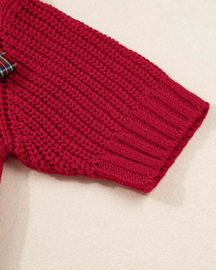 Plaid Lace Up Detail Christmas Holiday Puff Short Sleeve Sweater