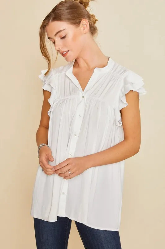 Annie Wear Ruffle Sleeve Shirred Flowy Woven Tunic Shirts WHITE