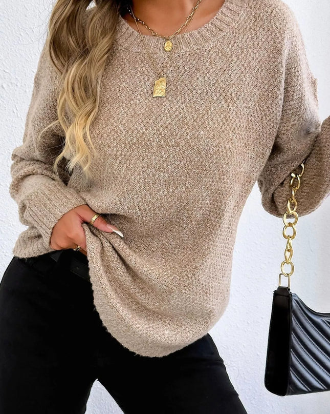 Textured Knit Relaxed Fit Round Neck Sweater Apricot