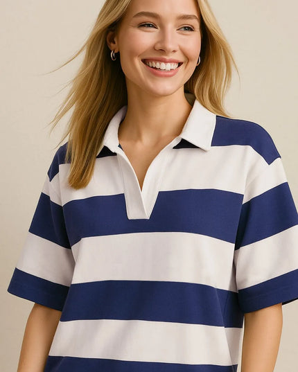 Oh Pima Cotton Wash Color Block Johnny Collar Half Sleeve Top