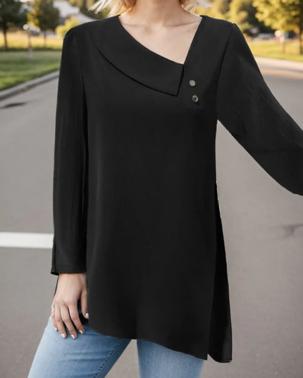 Asymmetrical Neck Long Sleeve Blouse Black