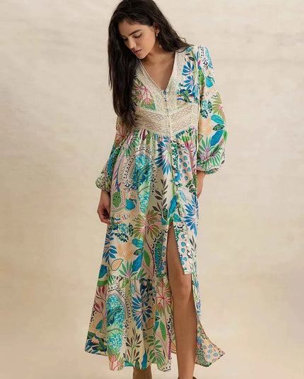 Slit Printed V-Neck Long Sleeve Midi Dress