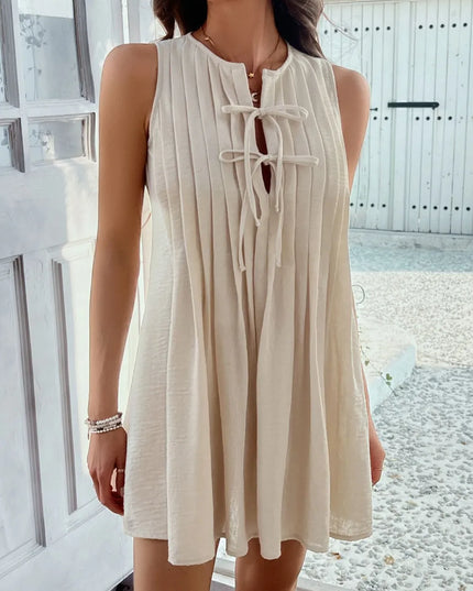 Devine Pleated Sleeveless Mini Dress Beige