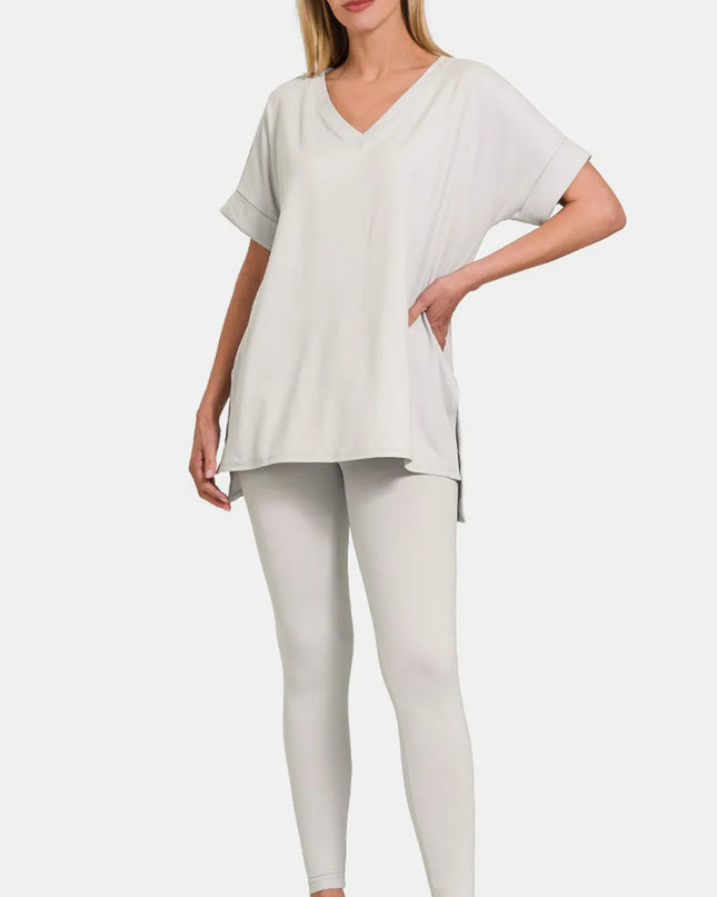 Zenana V-Neck Rolled Short Sleeve T-Shirt and Leggings Lounge Set Lt Cement