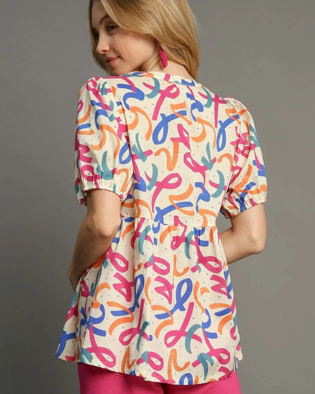 Umgee Full Size Mixed Print Puff Sleeve Babydoll Blouse Plus Size