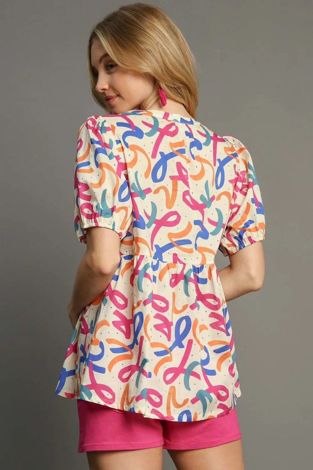 Umgee Full Size Mixed Print Puff Sleeve Babydoll Blouse Plus Size