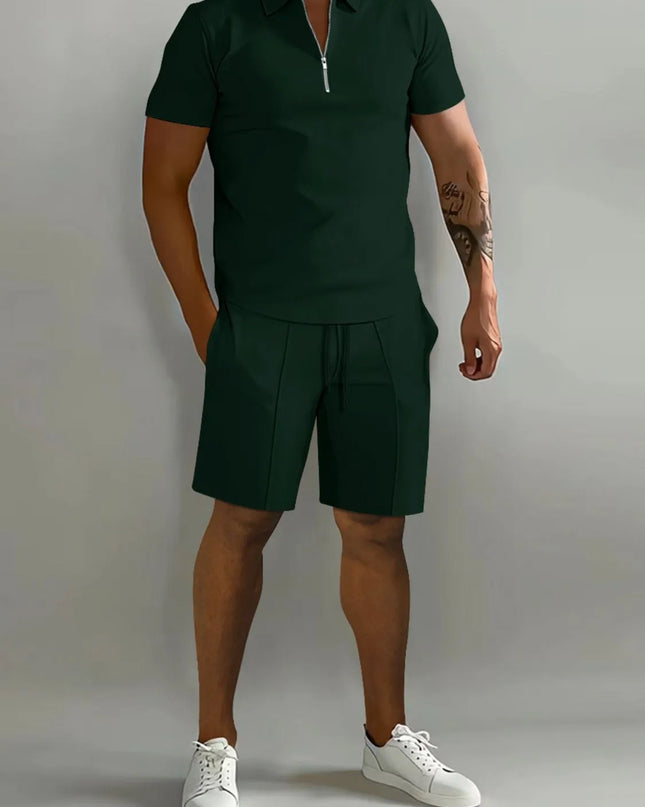Men's Full Size Collared Neck Short Sleeve Top and Shorts Set Plus Size Black Forest