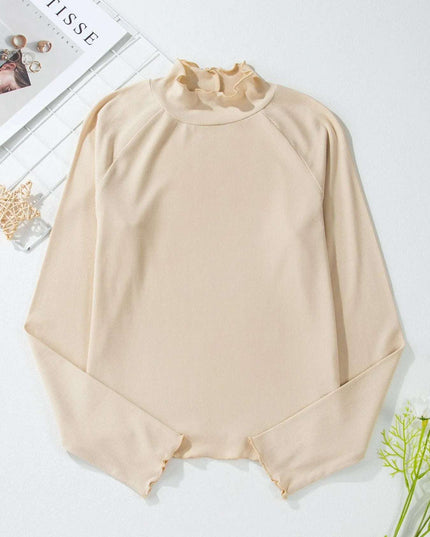 Ribbed Knit Lettuce Trim Mock Neck Long Sleeve Top
