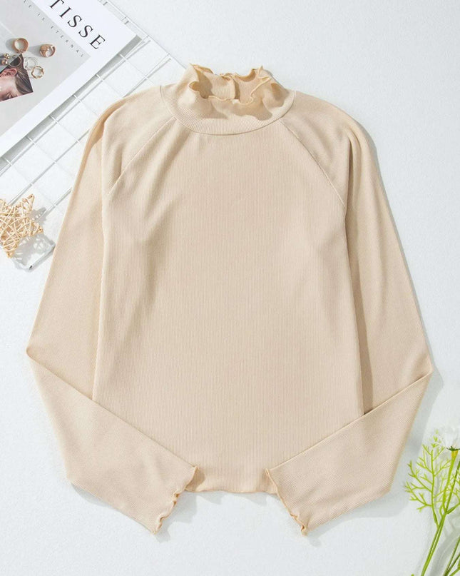 Ribbed Knit Lettuce Trim Mock Neck Long Sleeve Top