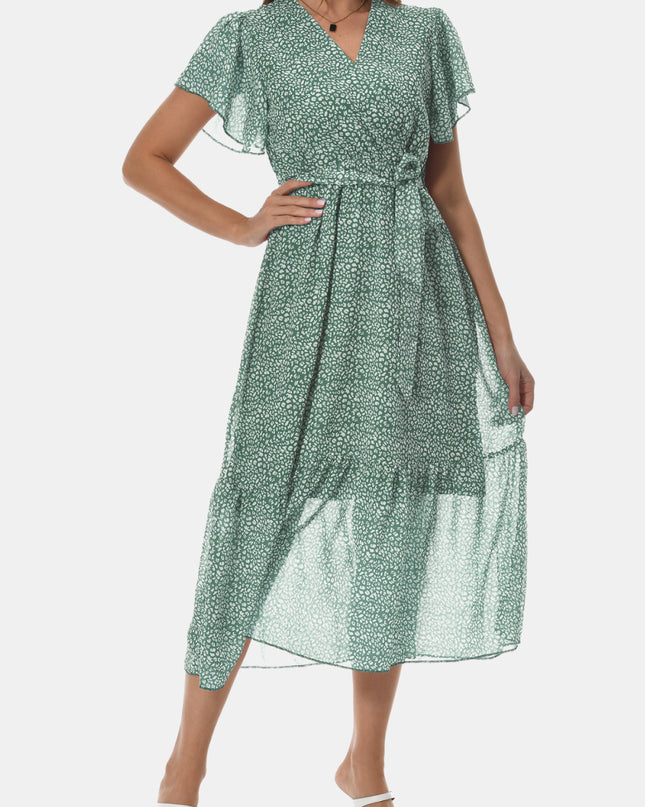 Surplice Neck Flutter Sleeve Tied Dress Light Green
