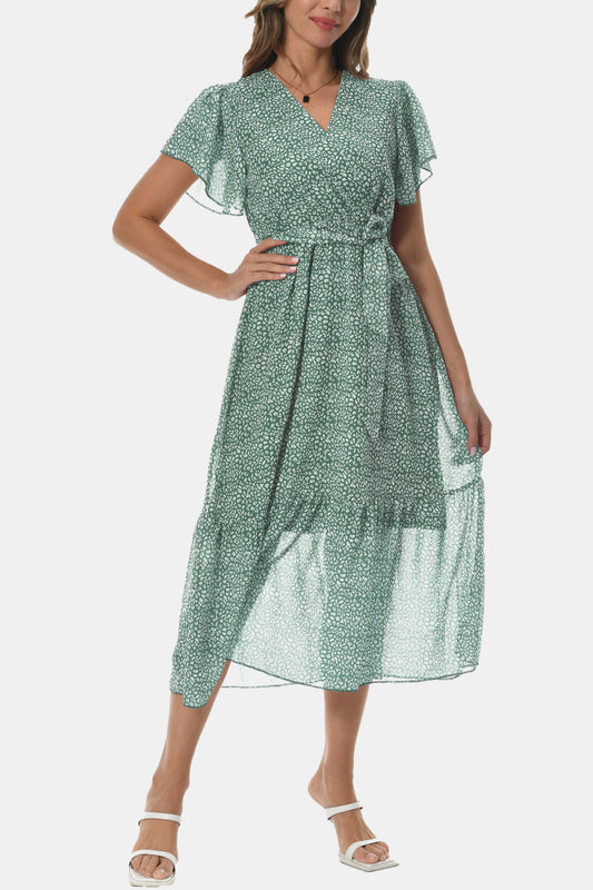 Surplice Neck Flutter Sleeve Tied Dress Light Green