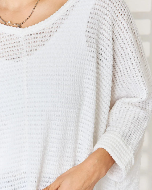 Zenana Full Size Waffle Knit V-Neck Long Sleeve Slit Top