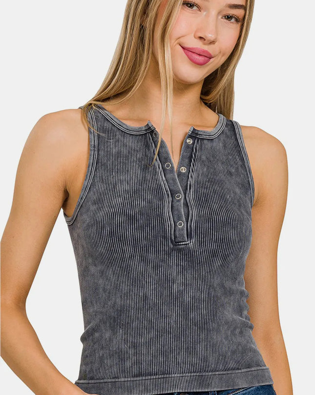 Zenana Washed Ribbed Half Snap Seamless Tank