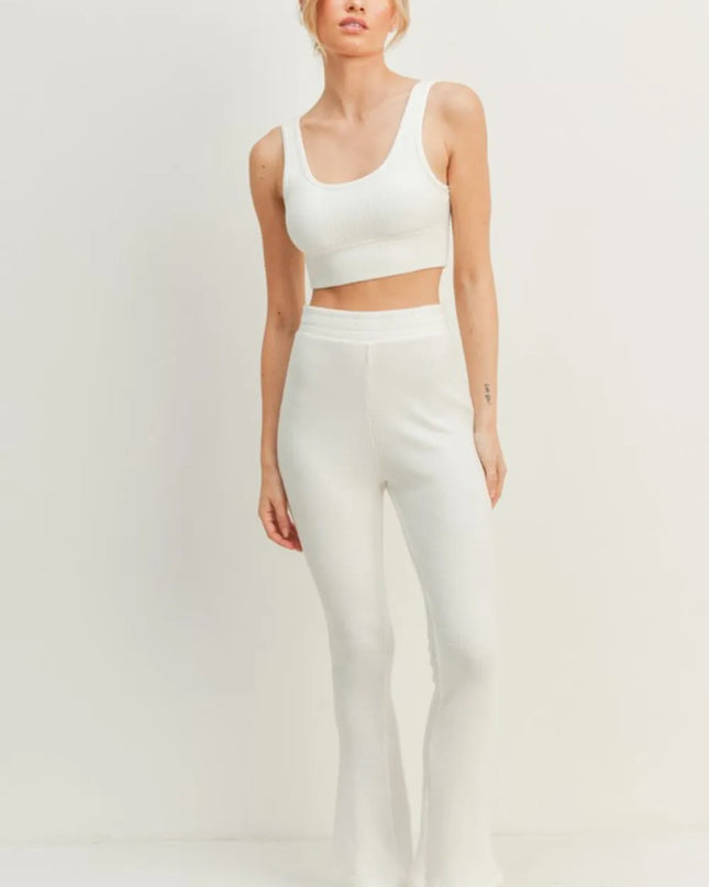 Kimberly C Waffle Tank and High Waist Flare Pants Set White