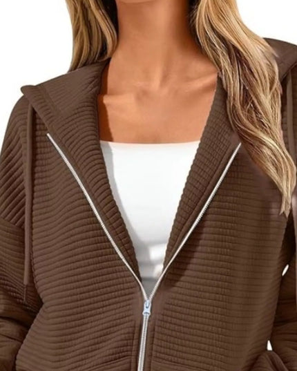 Drawstring Zip Up Dropped Shoulder Hoodie