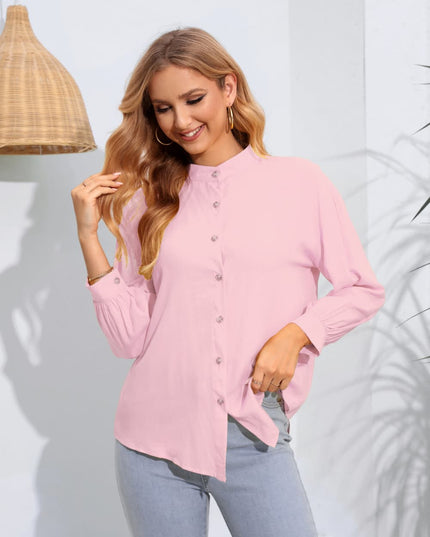 Mock Neck Buttoned Long Sleeve Shirt Pink