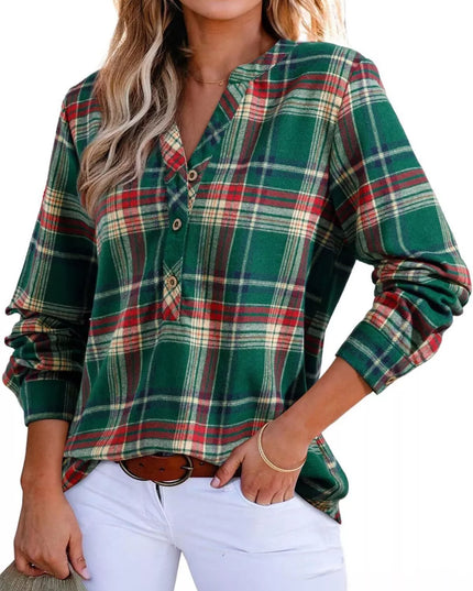 Plaid Half Button Long Sleeve Blouse