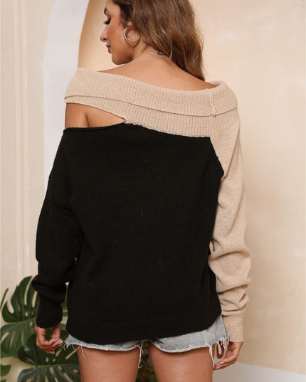Asymmetrical Long Sleeve Two-Tone Cutout Sweater