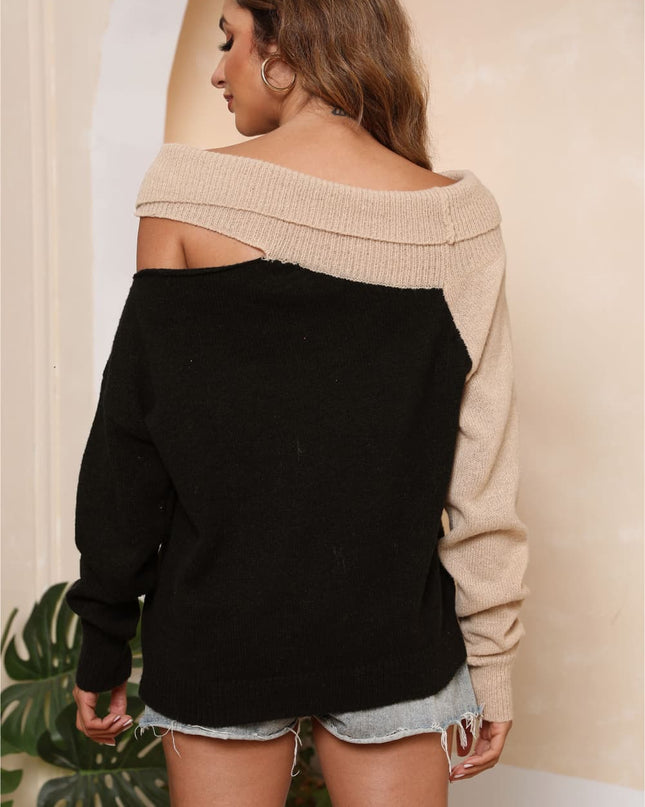 Asymmetrical Long Sleeve Two-Tone Cutout Sweater