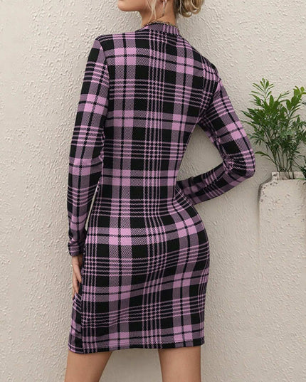 Long Sleeve Plaid Bodycon Mini Dress