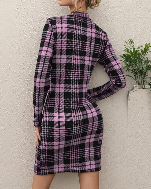 Long Sleeve Plaid Bodycon Mini Dress