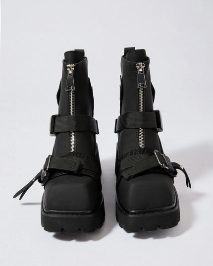 Chunky Platform Boots with Buckle Straps and Front Zip Black