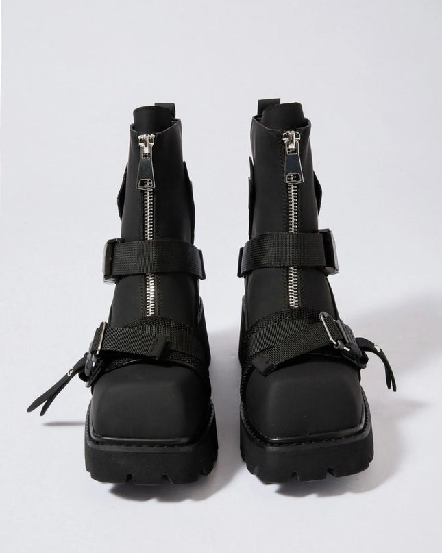 Chunky Platform Boots with Buckle Straps and Front Zip Black