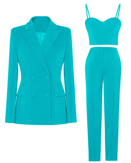 SET062(3) Chic Blazer Set: Elegant Top & Tailored Pants Light Blue