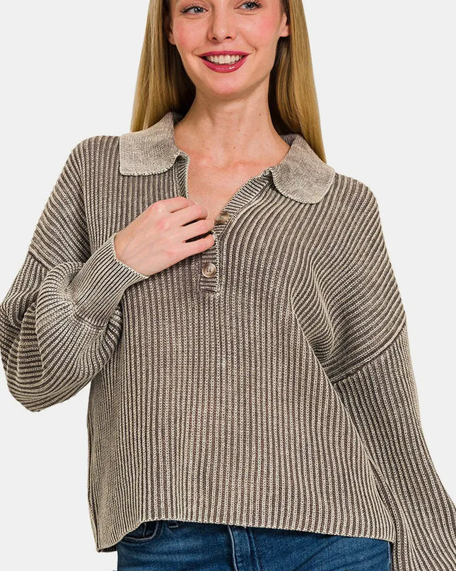 Zenana Washed Half Button Long Sleeve Sweater Mocha