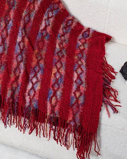 Fringe Contrast Hooded Poncho