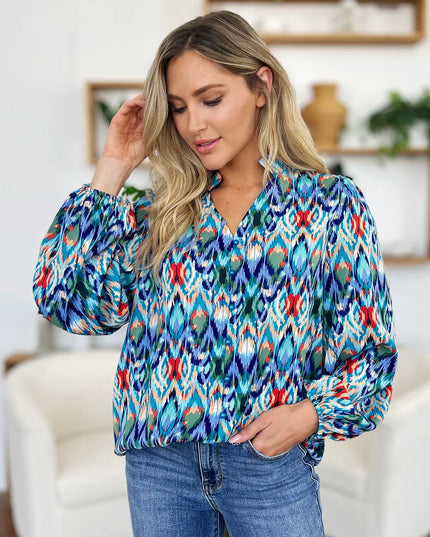 Double Take Full Size Printed Balloon Sleeve Blouse