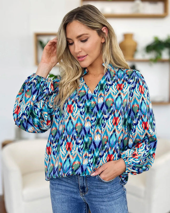 Double Take Full Size Printed Balloon Sleeve Blouse