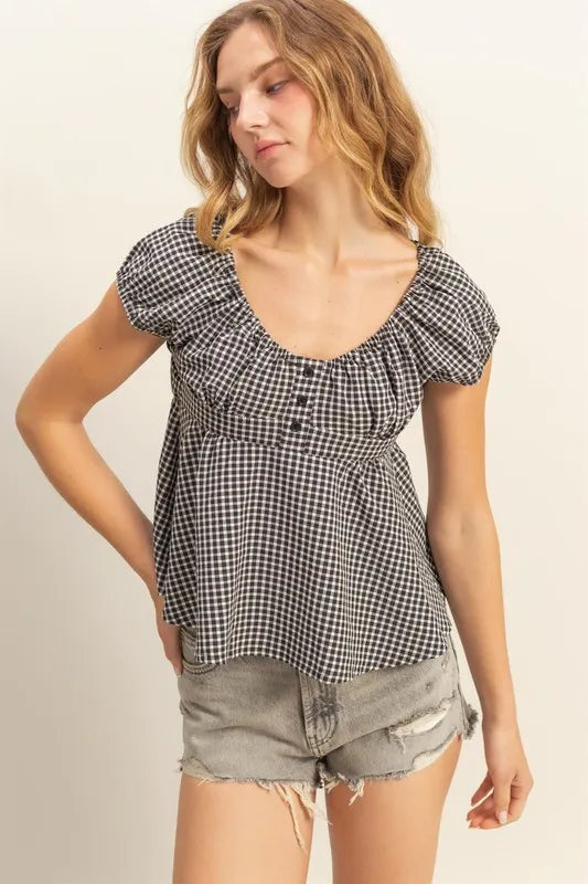 HYFVE Gingham Scoop Neck Cap Sleeve Blouse BLACK