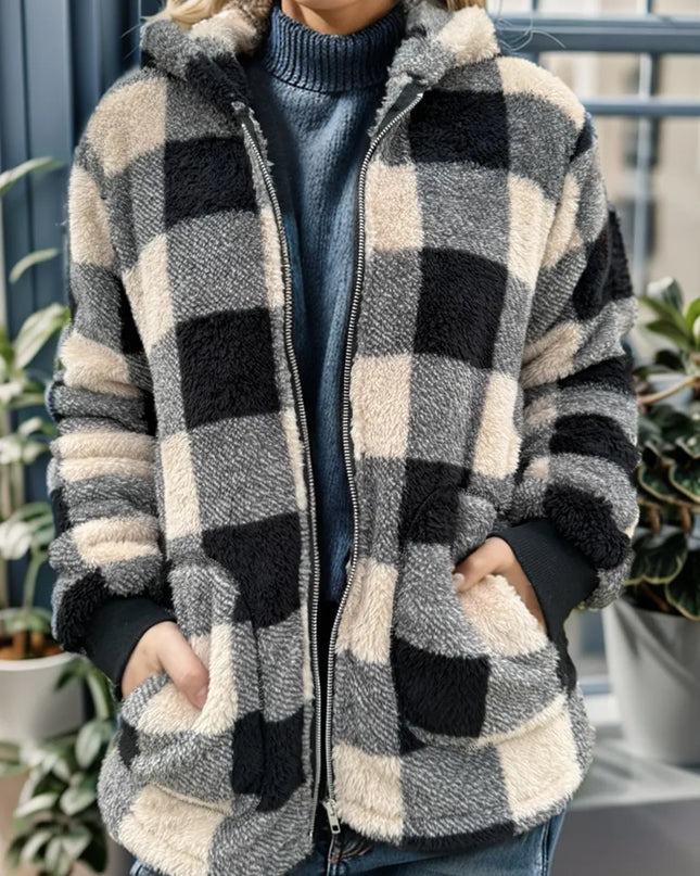 Double Take Full Size Plaid Long Sleeve Hooded Coat Camel