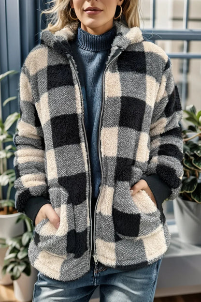 Double Take Full Size Plaid Long Sleeve Hooded Coat Camel