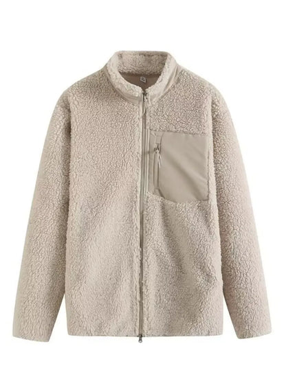 Zip Up Long Sleeve Plush Jacket Beige