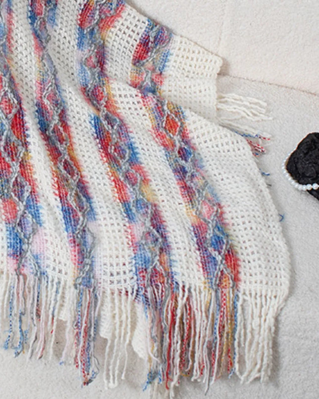 Fringe Contrast Hooded Poncho