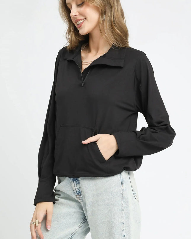 Umgee Half-Zip Sweatshirt with Front kangaroo pocket BLACK
