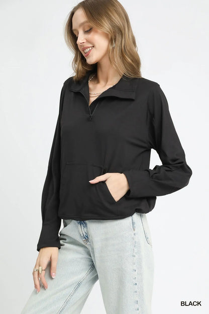 Umgee Half-Zip Sweatshirt with Front kangaroo pocket BLACK