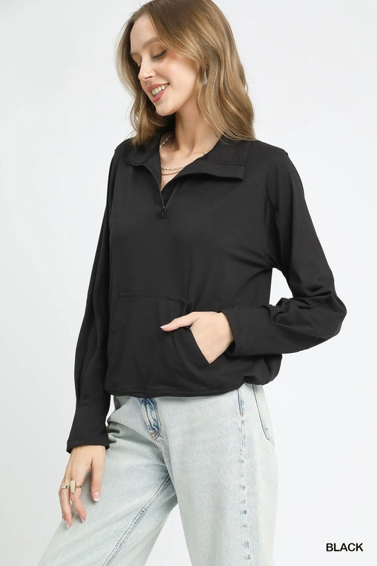Umgee Half-Zip Sweatshirt with Front kangaroo pocket BLACK