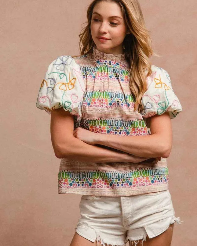 BiBi Ruffle Neckline Blouse With Embroidery Bubble Sleeve
