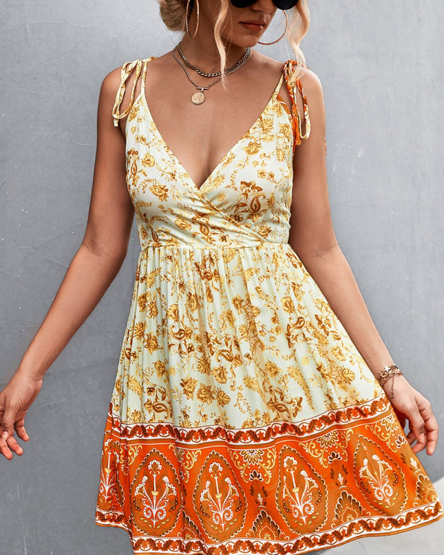 Bohemian Tie Shoulder Surplice Backless Dress Light Yellow