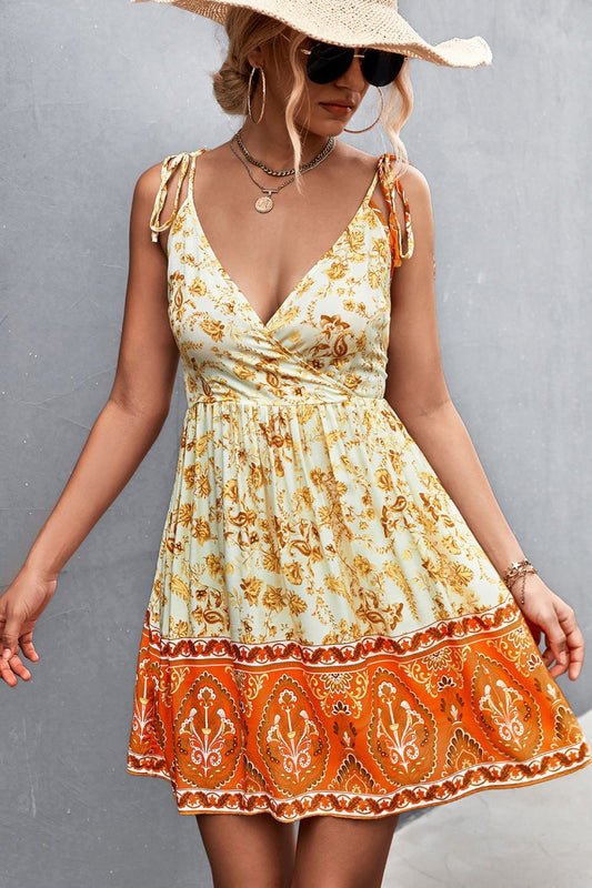 Bohemian Tie Shoulder Surplice Backless Dress Light Yellow