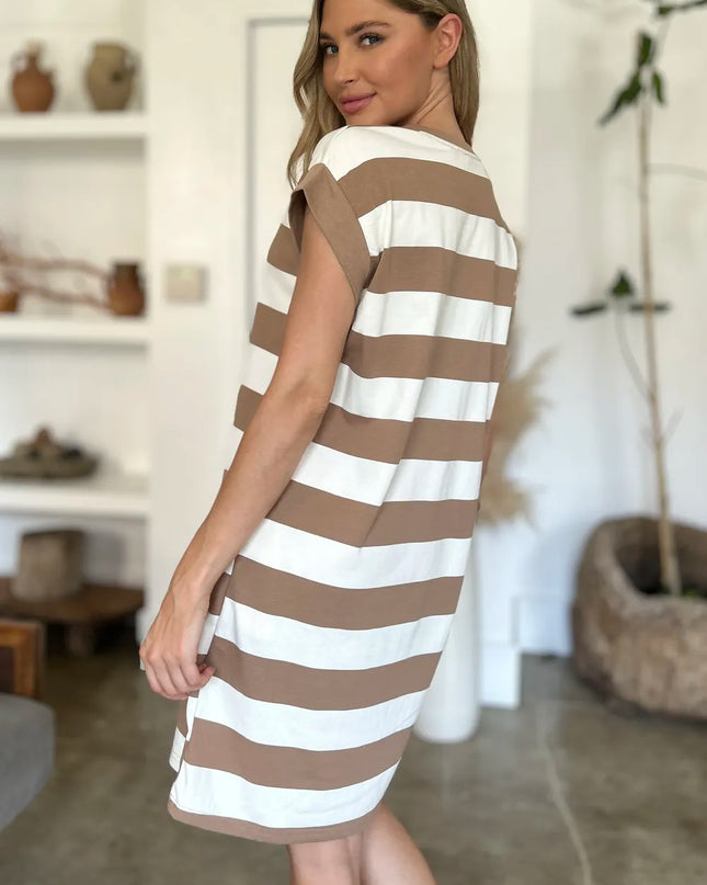 Basic Bae Full Size Striped Round Neck Cap Sleeve Mini Dress