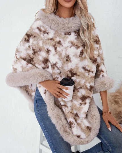 Furry Contrast Three-Quarter Poncho