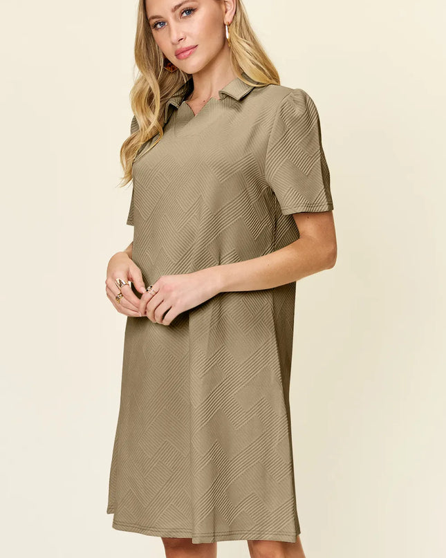 Double Take Full Size Texture Collared Neck Short Sleeve Dress