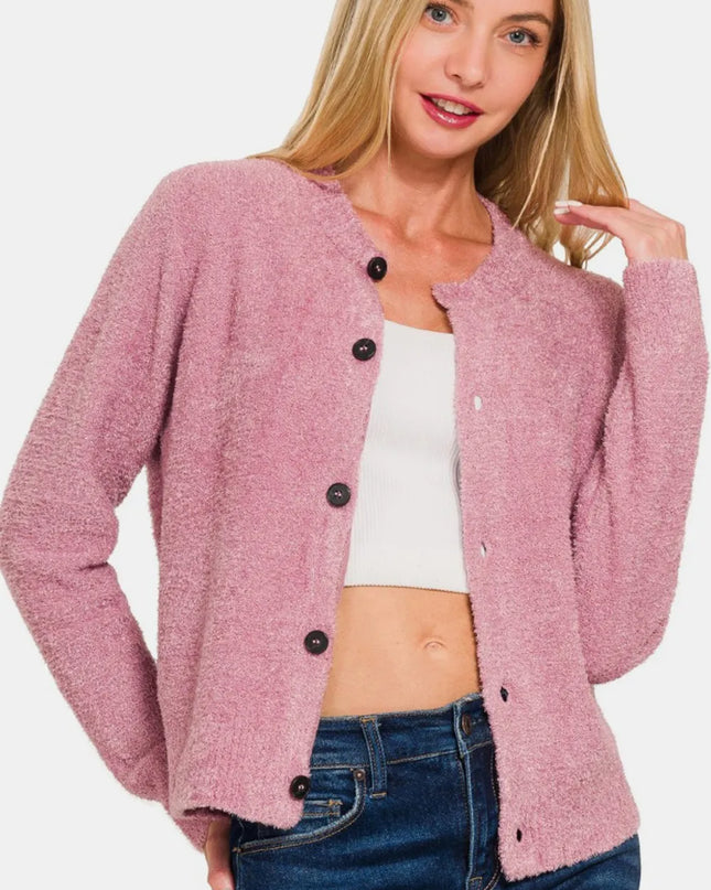 Zenana Button Down Long Sleeve Sweater Cardigan Lt Rose