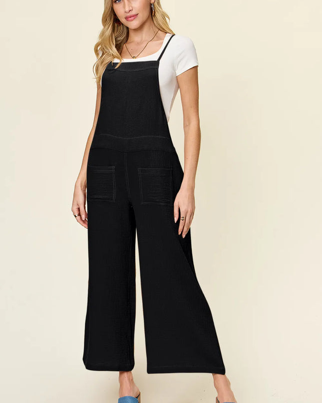 Double Take Full Size Texture Sleeveless Wide Leg Overall Black